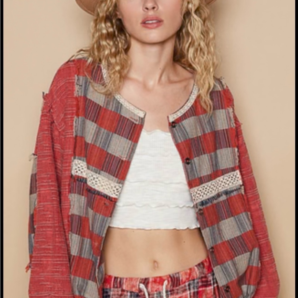 Red Plaid Button-Up Jacket - image 1